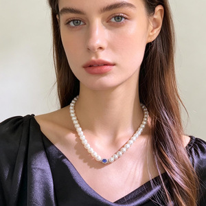 Sapphire Pearl Necklace AAA Grade White Pearls With Blue Gemstone For Women Everyday Wear Collarbone Chain Simple Elegant Style - Product Image 3