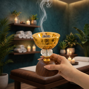 Quemador de Incienso de Metal Dorado con Base de Cristal y Soporte de Madera de Sándalo, Difusor de Aromaterapia para Uso en Todas las Estaciones - Product Image 1