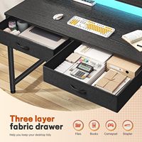 Bureau d'ordinateur ergonomique avec 2 tiroirs en tissu, poche latérale, support de moniteur, table d'étude et d'écriture, bureau de jeu noir