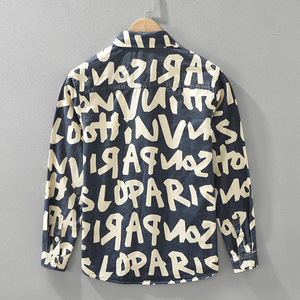 Chemise à manches longues en twill anti-rides pour homme, imprimé graffiti urbain, lettrage <span class=keywords><strong>Paris</strong></span>, respirante, en coton, style streetwear décontracté, OEM - Product Image 2