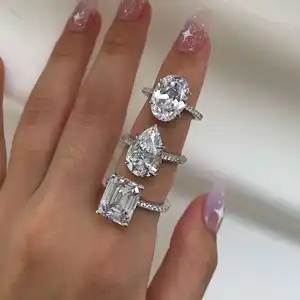 Dylam奢华时尚立方氧化锆钻石切割手指大石头5A锆石925纯银戒指梨方形订婚戒指