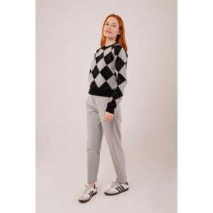 Pull gris pour femme à motif baklava, manches longues, anti-boulochage, décontracté, tricot 14 Gg - Product Image 5