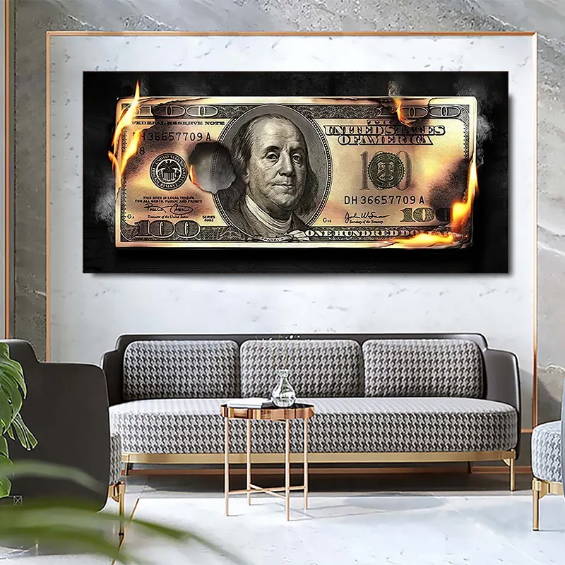 Toile moderne à Dollar brûlant, décoration de salon, image créative inspirante, facture d'art 100 dollars, affiche