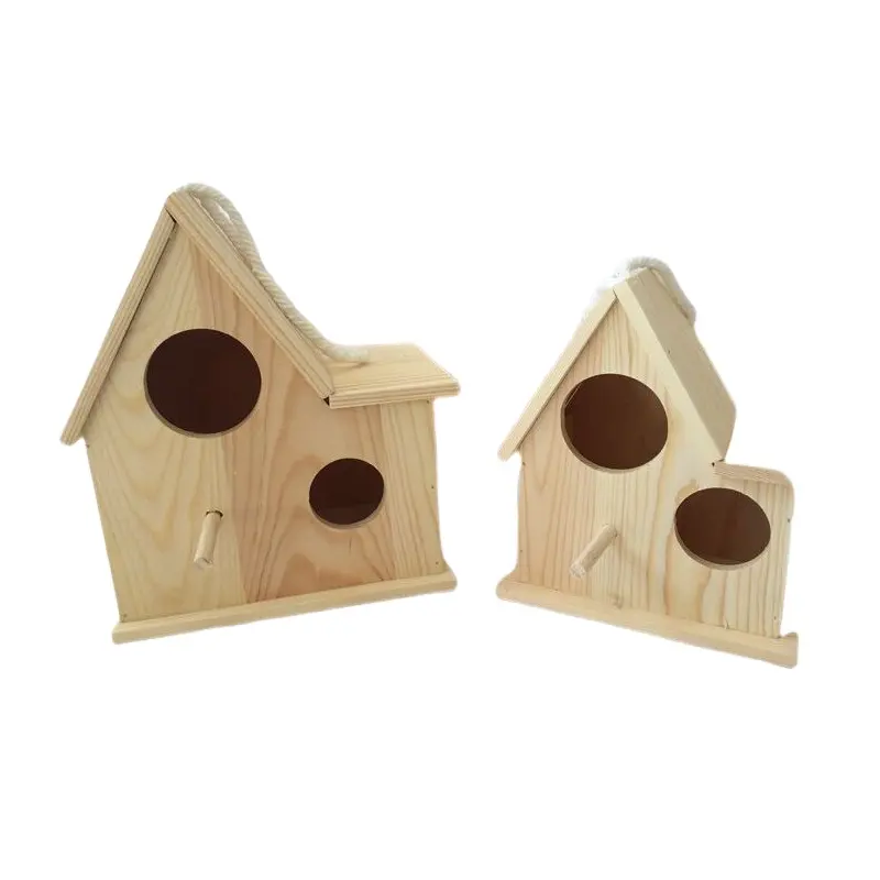 Decorated House Shape Untreated Wooden Bird Nesting Cage
