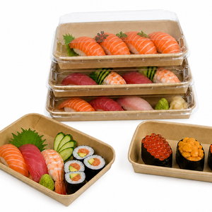 Boîte à sushi jetable en kraft avec couvercle en PET et fenêtre transparente, emballage alimentaire à emporter pour restaurant de sushi, bols et assiettes en papier - Product Image 1