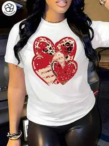 T-shirt corta da donna con stampa retrò leopardata a cuori, manica corta, girocollo, top casual per San Valentino, tutte le stagioni, 100% cotone - Product Image 3