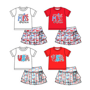 Conjuntos de Ropa Transpirable para Bebés Niñas, Estilo Boutique Casual, con Camiseta y Falda con Estampado de la Bandera de EE. UU. para el 4 de Julio, Estilo Little Miss America - Product Image 1