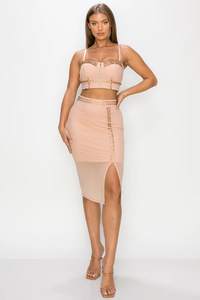 夏季优雅女装两件套连衣裙厂家低起订量高开缝绷带上衣短长度珍珠粉色 - Product Image 3