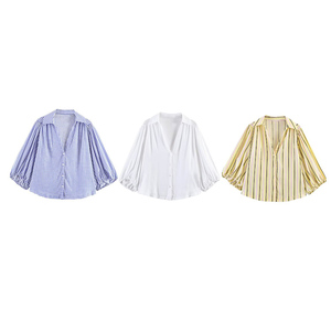 PB&ZA <span class=keywords><strong>Femme</strong></span> 2026 Nouvelle Collection Chemisiers en Lin Rayés et à <span class=keywords><strong>Carreaux</strong></span> Coupe Ample Décontractée Manches Bouffantes Boutonnés Blouses Chic - Product Image 1