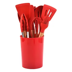 12 pièces sans BPA outils d'ustensiles de cuisine ustensiles de cuisine en Silicone ensemble d'ustensiles de cuisine avec poignées en bois