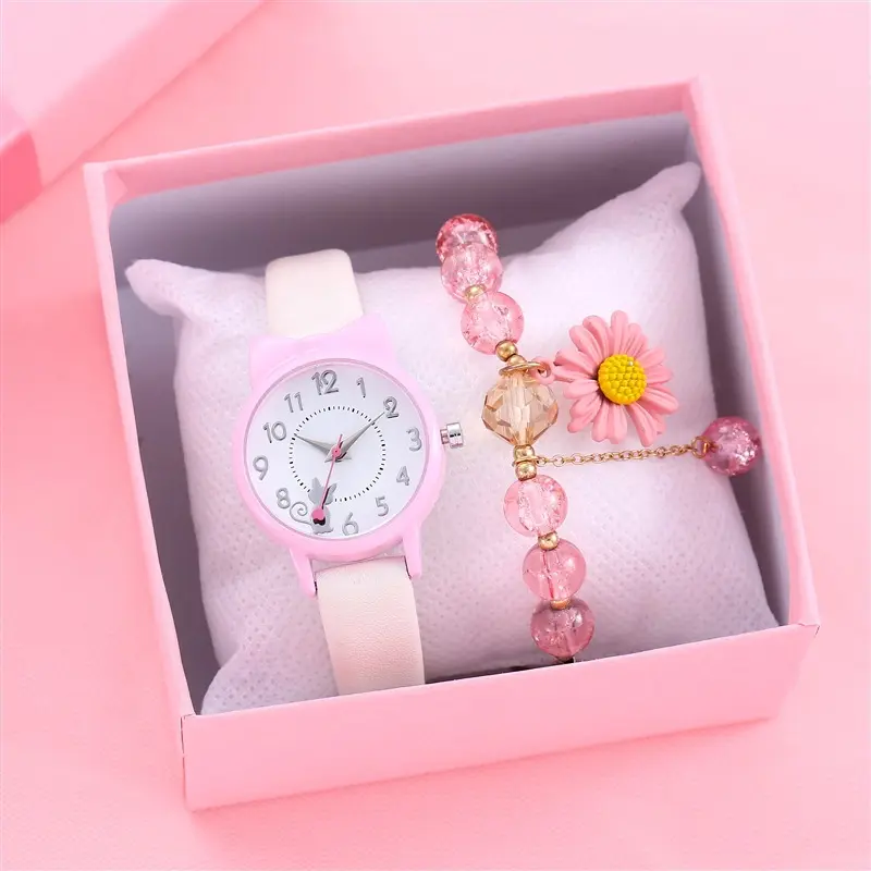 CENDA Kids Gift 2pcs/set Cat Quartz Watch with Sunflower Bracelet and Box for Girls