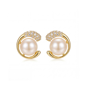 S925 <b>Silver</b> Gold Plated Swirl Freshwater Pearl <b>Stud</b> Earrings CZ Pave Spiral Elegant Jewelry Gift for Women - Product Image 1