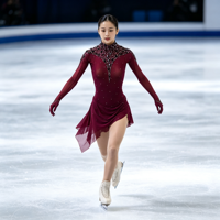 Robe de patinage artistique pour filles, bordeaux, col montant, manches longues, dos ouvert, ornée de strass, jupe asymétrique, pour compétition