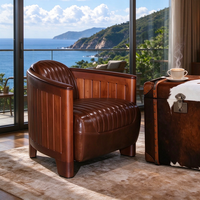Fauteuil en cuir rétro, structure en bois massif à lattes, chaise club vintage, cuir pleine fleur marron, canapé individuel pour villa, hall d'entrée, bar