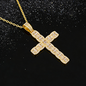 CUSTOM SILVER 10K/14K/18K GOLD PLATED LAB GROWN CVD DIAMOND CLASSIC ENGAGEMENT GIFT SWEATER <b>CHAIN</b> NECKLACE <b>CROSS</b> PENDANT VS - Product Image 3
