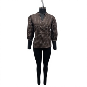 Chemise pour femme marron à pois, col mandarin, manches ballon, poches, style simple pour la vie quotidienne, printemps-été, décontractée, coupe classique, respirante - Product Image 1