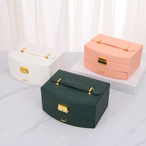 Leather Jewelry Box Double Layer With Drawer Key Lock Rectangle Plain Style For Jewellery Storage - Product Image 3