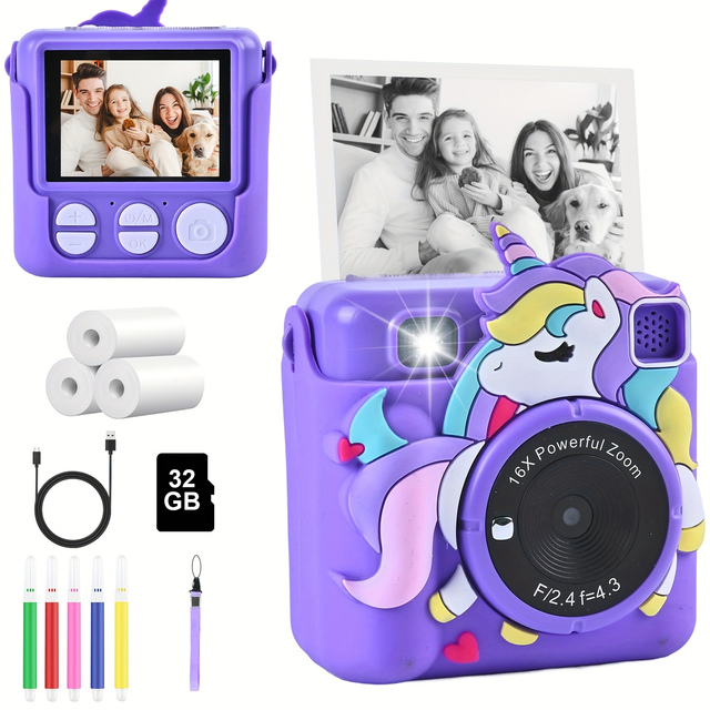32GB Card  Children's Digital Instant Print Camera Kids HD Mini Camera Kids Instant Print Mini  Camera with a Casing