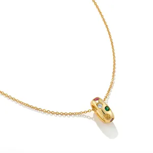 Dainty Paved Colorful Zircon Irregular 925 Silver 18K Gold Plated Hollow Circle Pendant Necklace For Couple