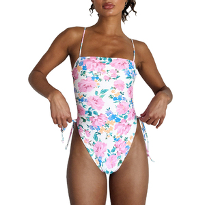 Maillot de bain une pièce imprimé floral avec cordon de serrage, découpe latérale, col carré, sans manches, coupe ajustée, mini - Product Image 3