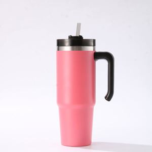 Gobelet isotherme de voyage 20oz 30oz en acier inoxydable avec poignée, couvercle, paille et base antidérapante pour boissons froides et chaudes - Product Image 1