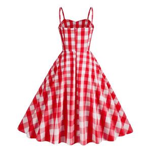 New Vacation Style Retro Plaid Stripe Hanging Strap High Waist Women's Cotton Medium Length Sleeveless A-line Casual <strong>Dress</strong> - Product Image 2