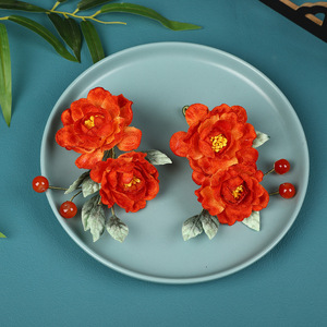 Diseño original, hecho a mano, estilo antiguo, pasador de pelo suave con flor de terciopelo sintético naranja degradado, accesorio de maquillaje, Hanfu - Product Image 4