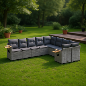 Ensemble de canapés de jardin en rotin gris avec pieds réglables, mobilier d'extérieur 10 places, design contemporain - Product Image 2