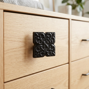 Classic Square Cast Iron <b>Drawer</b> Knob With Carved Flower Design For Cabinet Furniture Hardware & Accessories Modern Design - Product Image 1