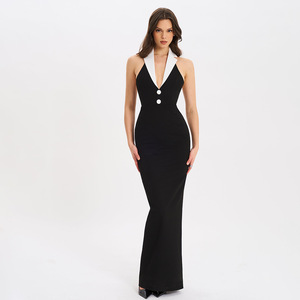 Vestido Largo Elegante Estilo Europeo-Americano con Cuello Halter, Espalda Descubierta y Abertura, Vestido de Noche con Cintura Natural, Transpirable, para Ocio - Product Image 1