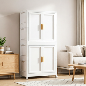 Armoire de rangement pliable à 2 niveaux blanche pour salon, avec roulettes, en plastique, pour livres et vêtements, également utilisable comme armoire de cuisine - Product Image 4