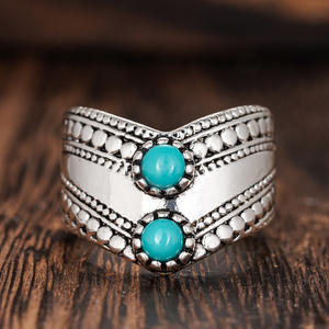 Anillo de Cóctel Geométrico A112 con Turquesa Natural Redonda en Engaste de Bisel, Anillos de Moda Unisex, Regalo - Product Image 6