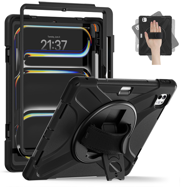 12.9 Inch Tablet Case Full Body Heavy Duty Smart Cover with Shoulder Strap 360 Rotating Bracket for ipad Pro 13 M4 2024