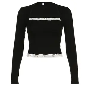 2023 Lace Bow Contrast Colors False-two-piece Sexy T-shirt Autumn Elegant Women Slim Fit Top