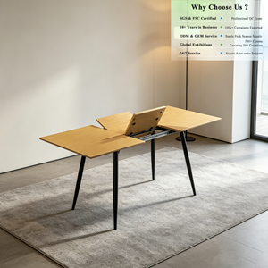 <span class=keywords><strong>Table</strong></span> à manger OKAY en MDF, chêne clair, minimaliste, rétractable, résistante aux rayures, extensible, stable, avec pieds en métal noir fin - Product Image 1