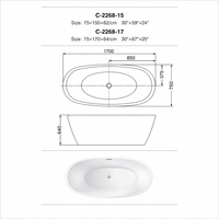 Bañera Ovalada Profunda Independiente, Blanca Brillante, para Baño de Villa, 620mm 640mm de Profundidad, Drenaje Central