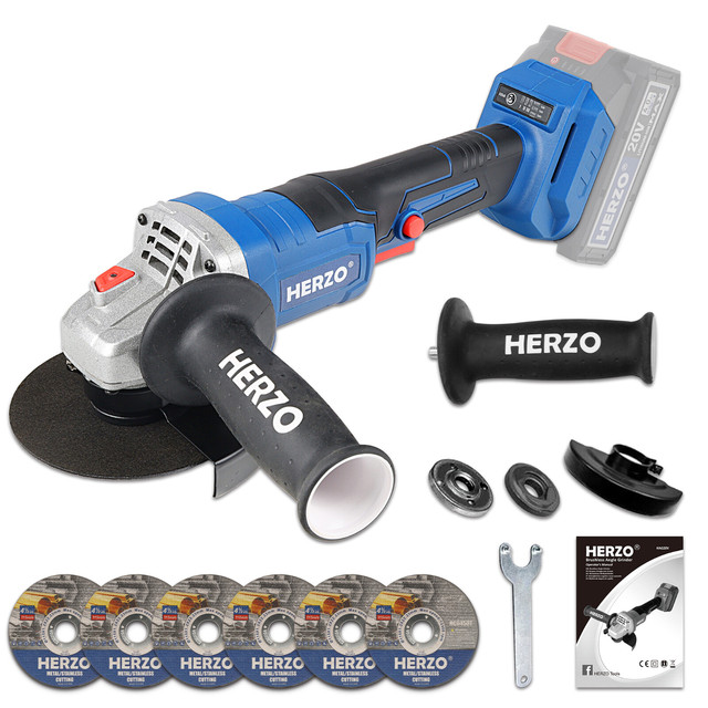HERZO 20V Cordless Brushless Portable Grinding Machine 125mm Angle Grinder with Paddle Switch Grinding Disc for DIY Lightweight