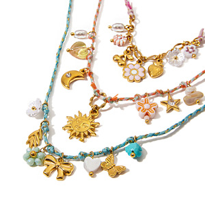 Ensemble de colliers de perles avec breloques, design floral, à porter au quotidien, couleur or, pendentif multicolore, bijoux pour femmes - Product Image 1