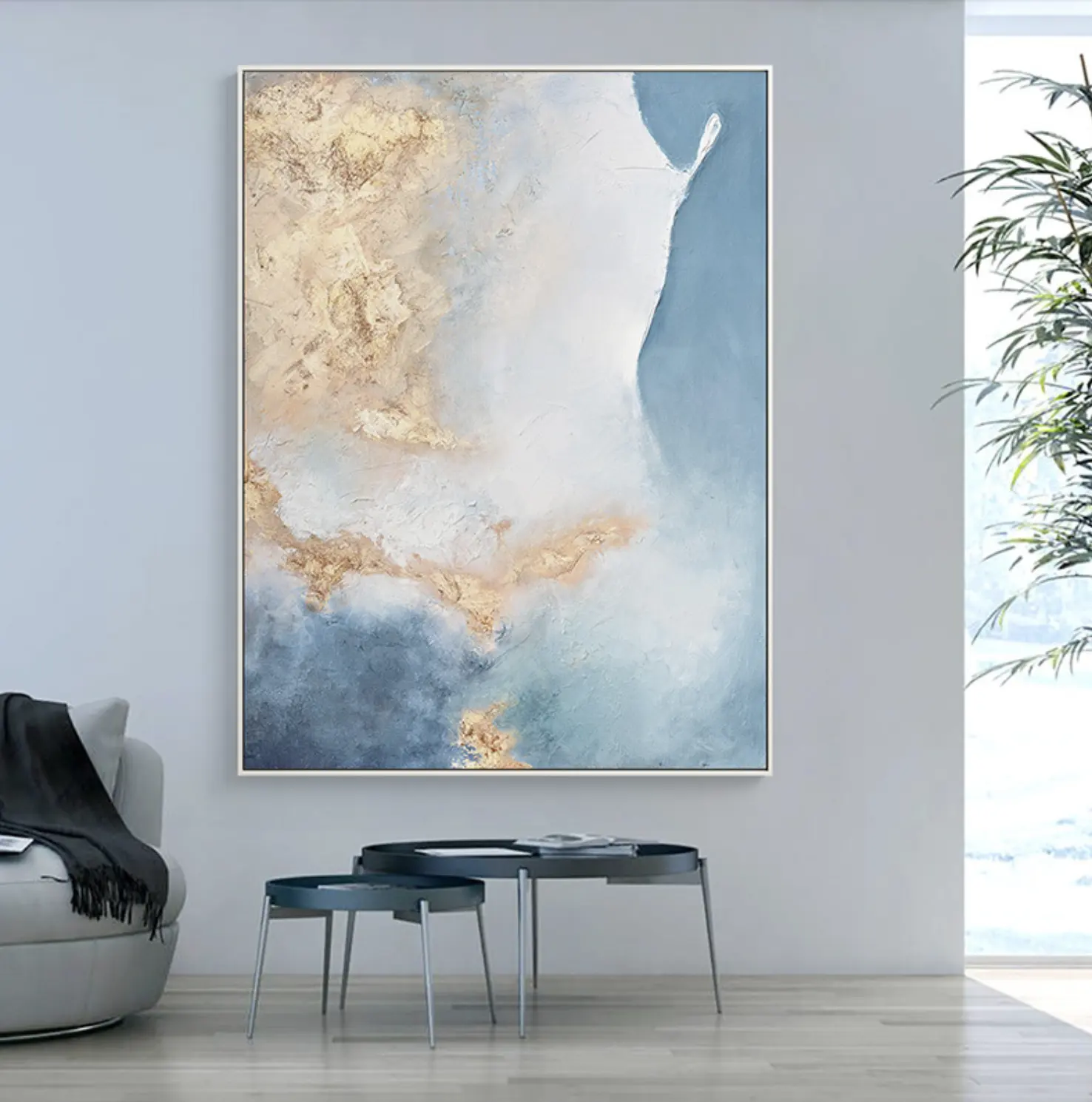 100% Hand Geschilderd Abstracte stijl Goud Blauw Zeegezicht Foto Muur Decor Olieverfschilderij