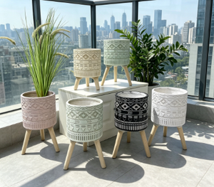 Bohemian Geometric Tripod Planter, Embossed Cylindrical Flower <b>Pot</b> with Wood Stand - Product Image 4