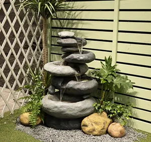 Home And Garden Stacked Stone Fountain Pebble Water Feature 4-Tier Water Fountain Outdoor Garden Decoration With Led Lights
