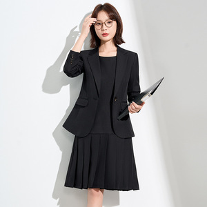 Women's Black Two Piece Suit Set Midi Skirt Three Quarter Sleeve Office Lady Spring Polyester Worsted Blazer Dress - Product Image 1