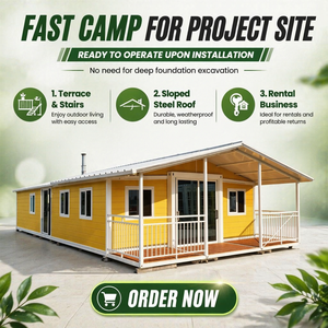 Cabane de glamping Airbnb avec toit <span class=keywords><strong>en</strong></span> acier incliné, design imitation <span class=keywords><strong>bois</strong></span>, grande terrasse et escalier pour location <span class=keywords><strong>en</strong></span> resort ou investissement - Product Image 1