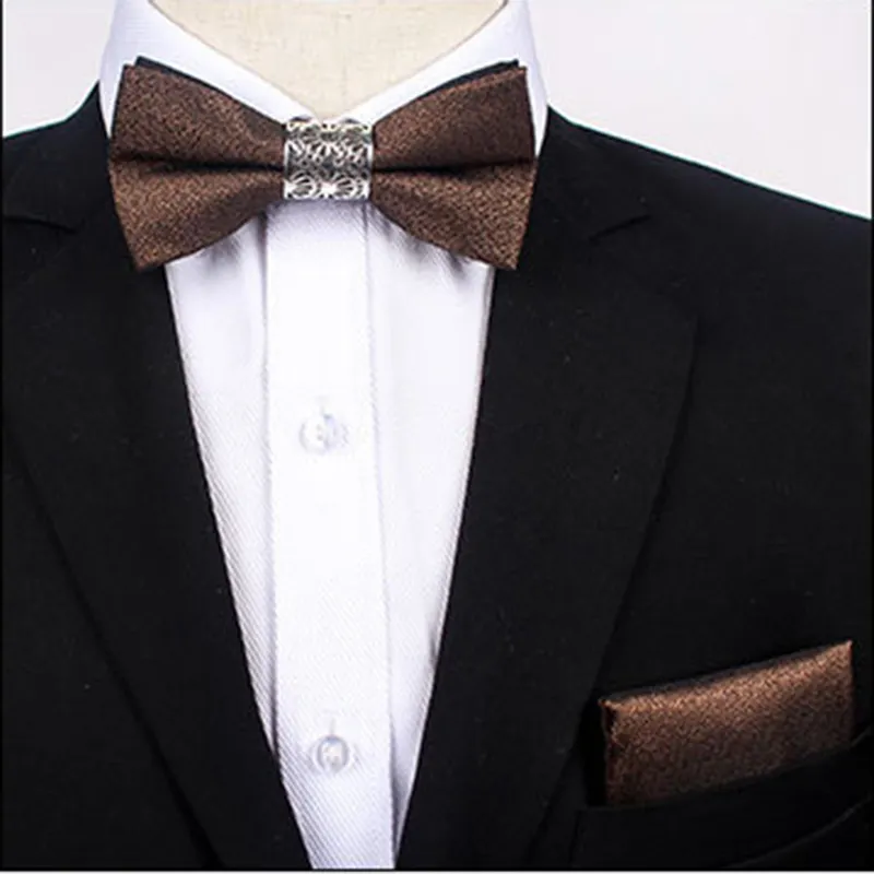 Klasik siyah beyaz Metal çekirdek katı renk mat papyon seti kravat ve mendil düğün iş parti hediye sıska seti