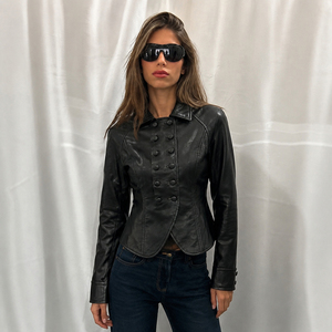Women's Black Double Breasted PU Woven Moto <b>Jacket</b> Autumn New Turn-down Collar Punk Rocker Casual <b>Zip</b>-<b>Up</b> Outerwear - Product Image 2