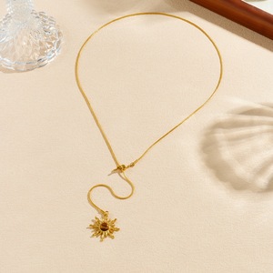 Gold Plated Sun Pendant Necklace With Simulated Tiger Eye Bezel Setting Stainless Steel Snake Chain Daily Wear Gift Jewelry - Product Image 3