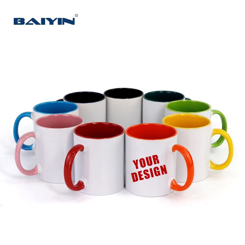 Baiyin 사용자 정의 로고 인쇄 빈 세라믹 머그 컵 승화 11 온스 세라믹 머그 블랭크 컬러 손잡이가있는 내부 컬러 커피 머그