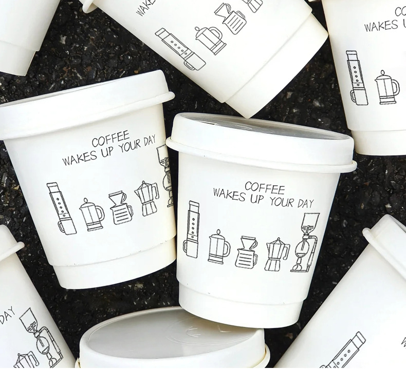 Custom Printed Disposable Packaging Paper Cups With Minimalist Black Line Art Coffee Tool Patterns and Motivational Text
