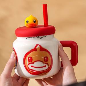 Taza de Cerámica Pikachu B.Duck con Tapa y Pajita, Naranja, Roja, Amarilla, Taza Infantil de Porcelana, Primavera 2025 - Product Image 4