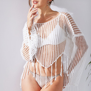 Top de Playa de Verano de Ganchillo con Manga Larga y Diseño Calado, Transpirable y Ligero, Informal, de Poliéster/Algodón con Cuello Redondo - Product Image 1